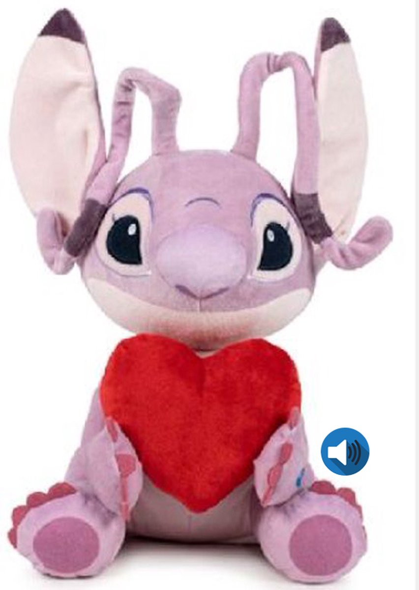 Angel met Hart en Geluid - Disney Lilo & Stitch Pluche Knuffel 35 cm [Speelgoed knuffeldier knuffelpop voor kinderen jongens meisjes | Extra grote en zachte plush! | Disney Stitch Angel Leroy | Liefde Love Valentijnsdag Cadeau]